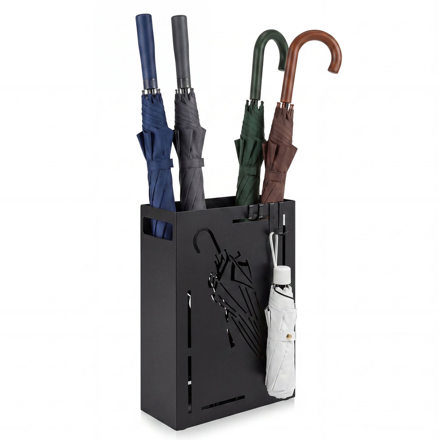 Black rectangular umbrella holder rack with removable drip tray, designed for entryway shoe storage and organization.