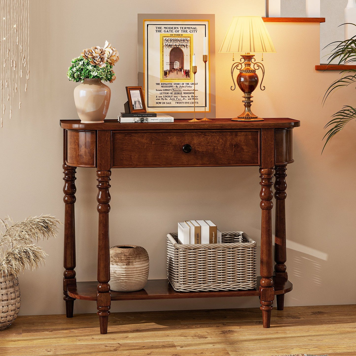 Retro Console Table36"L Wooden 2-Tier Narrow Behind Couch Foyer Table-Blue