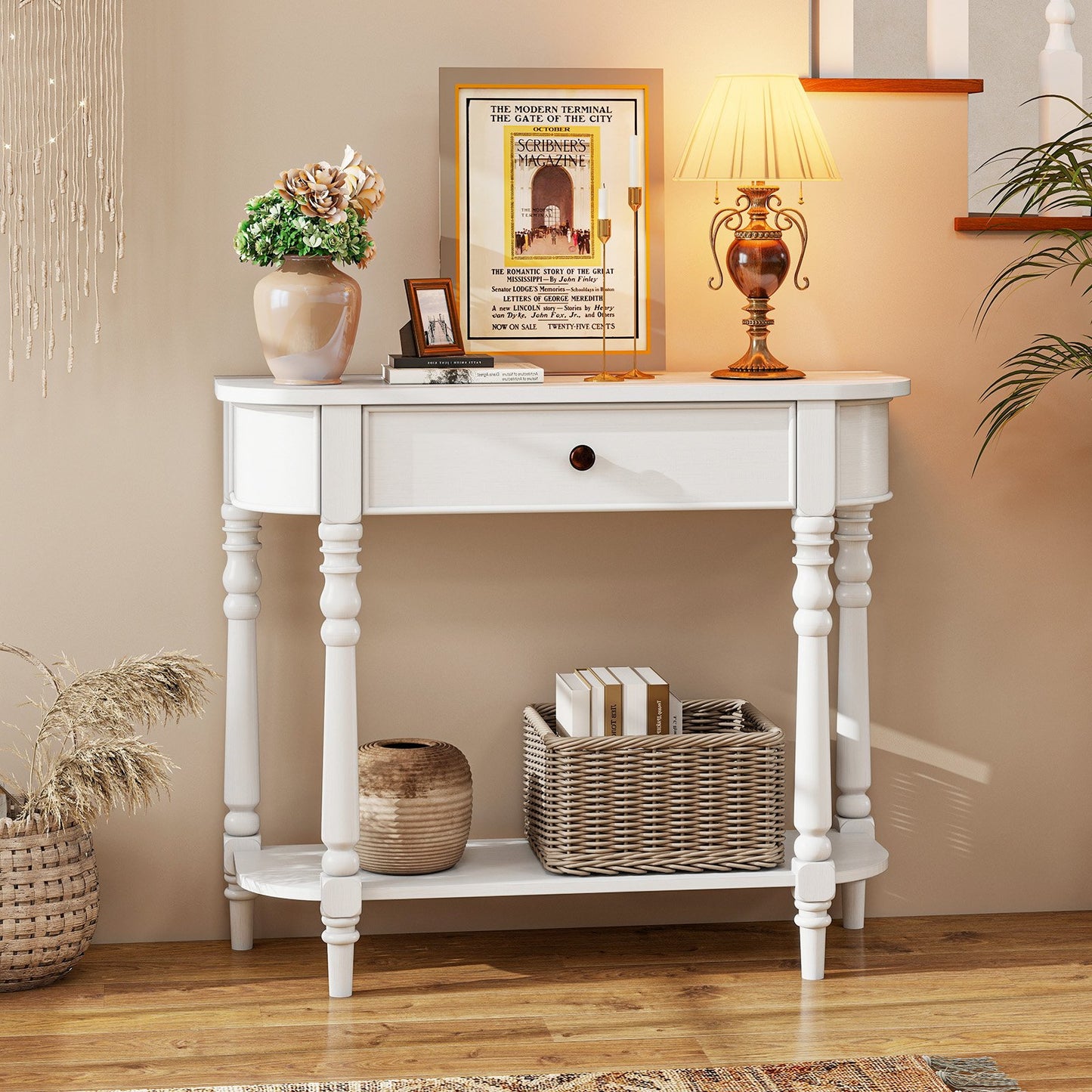 Retro Console Table36"L Wooden 2-Tier Narrow Behind Couch Foyer Table-Blue