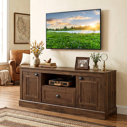 Retro Farmhouse TV Stand for 70" TVs with 2 Doors & Removable Shelves-Brown