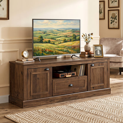 Retro Farmhouse TV Stand for 70" TVs with 2 Doors & Removable Shelves-Brown
