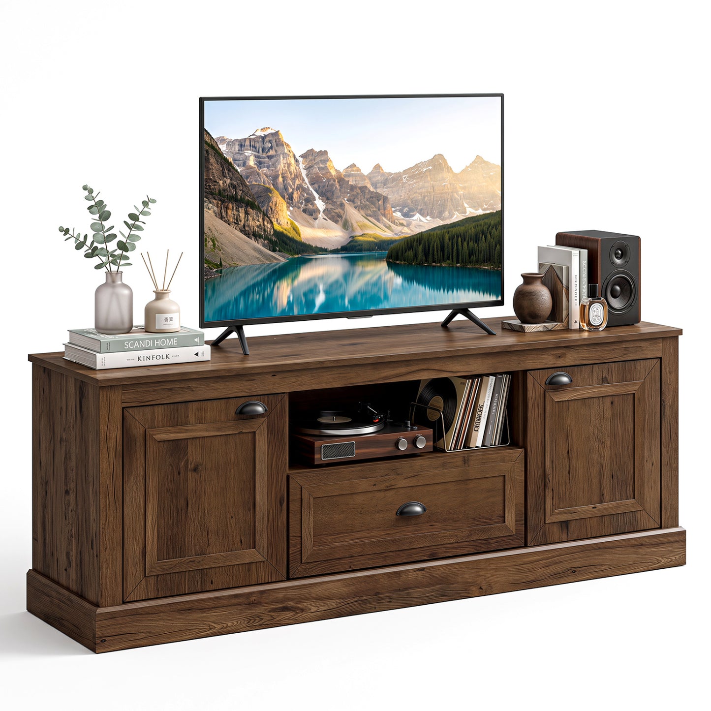 Retro Farmhouse TV Stand for 70" TVs with 2 Doors & Removable Shelves-Brown
