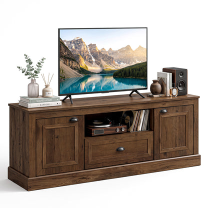 Retro Farmhouse TV Stand for 70" TVs with 2 Doors & Removable Shelves-Brown