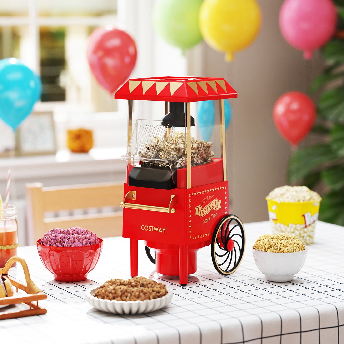 Retro Hot Air Popcorn Maker 1200W with Kernel Measuring Cup-Red