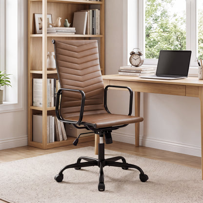 Ribbed Office Chair High Back PU Leather for Home Office with Adjustable Height-Black