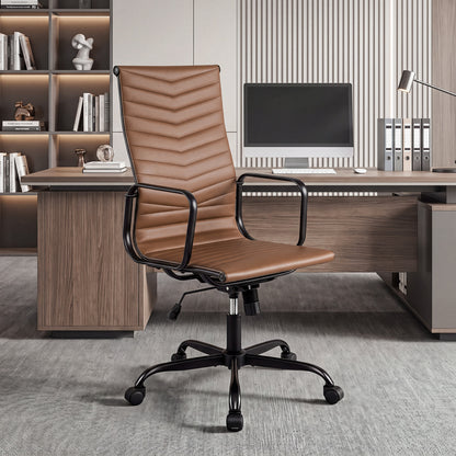 Ribbed Office Chair High Back PU Leather for Home Office with Adjustable Height-Black