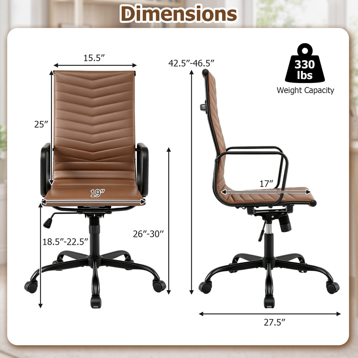 Ribbed Office Chair High Back PU Leather for Home Office with Adjustable Height-Black