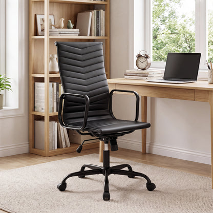 Ribbed Office Chair High Back PU Leather for Home Office with Adjustable Height-Black