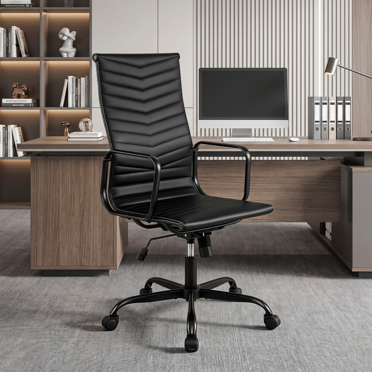 Ribbed Office Chair High Back PU Leather for Home Office with Adjustable Height-Black