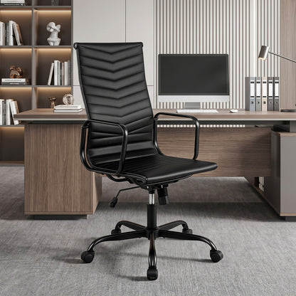 Ribbed Office Chair High Back PU Leather for Home Office with Adjustable Height-Black