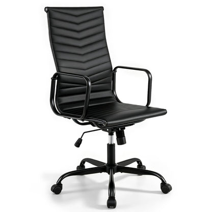 Ribbed Office Chair High Back PU Leather for Home Office with Adjustable Height-Black