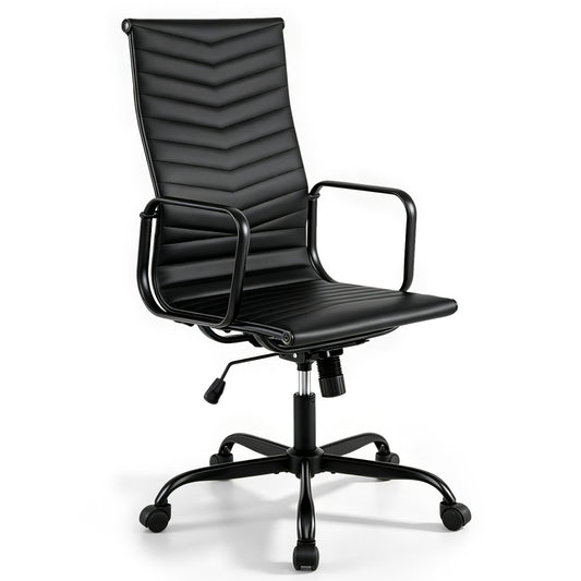 Black ribbed high back office chair with adjustable height, made of PU leather for home office comfort and style.