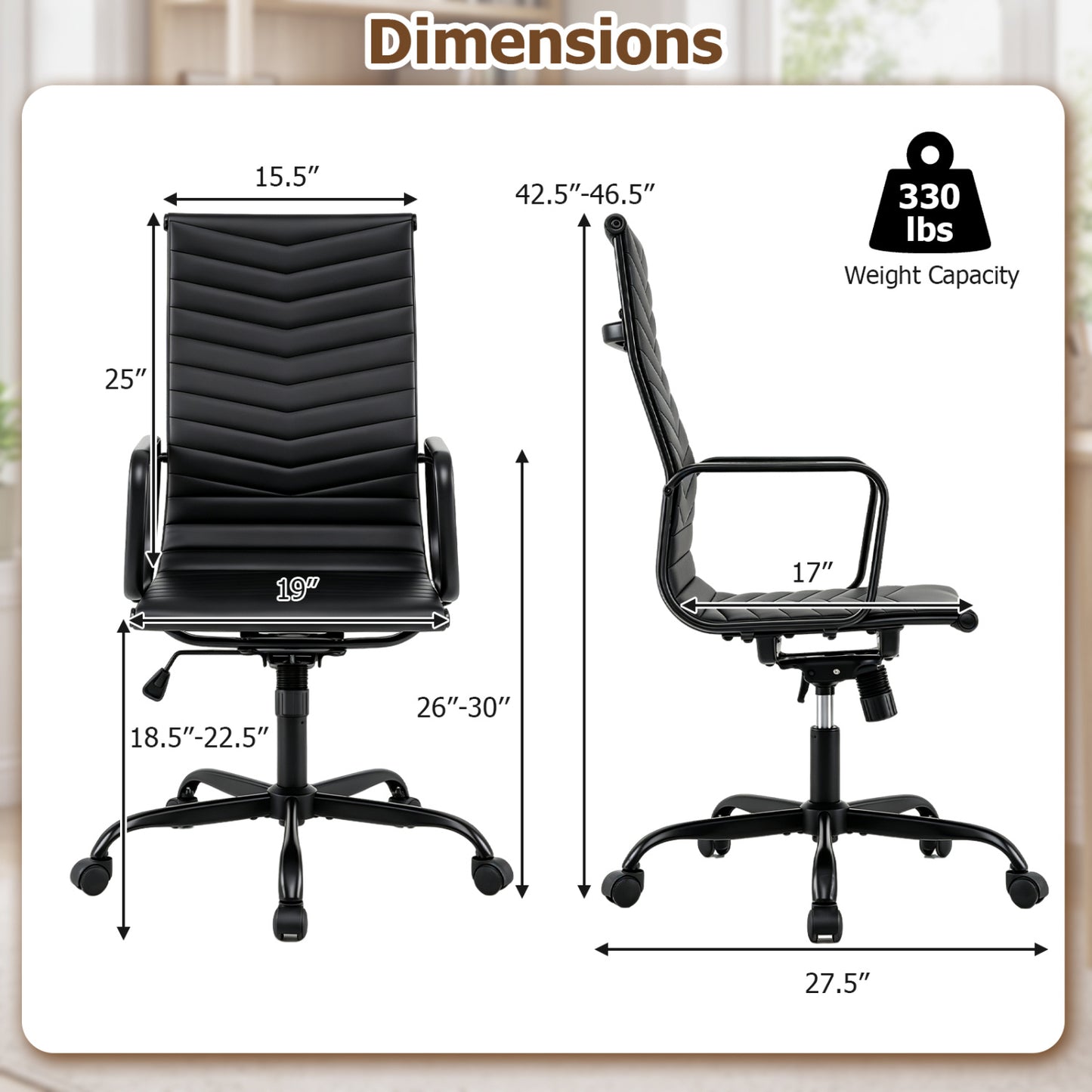 Ribbed Office Chair High Back PU Leather for Home Office with Adjustable Height-Black