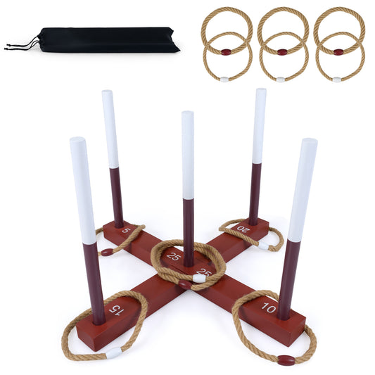 Kids and adults playing outdoor ring toss game with 6 rope rings and storage bag, in brown color, by Wilsons Home Store.