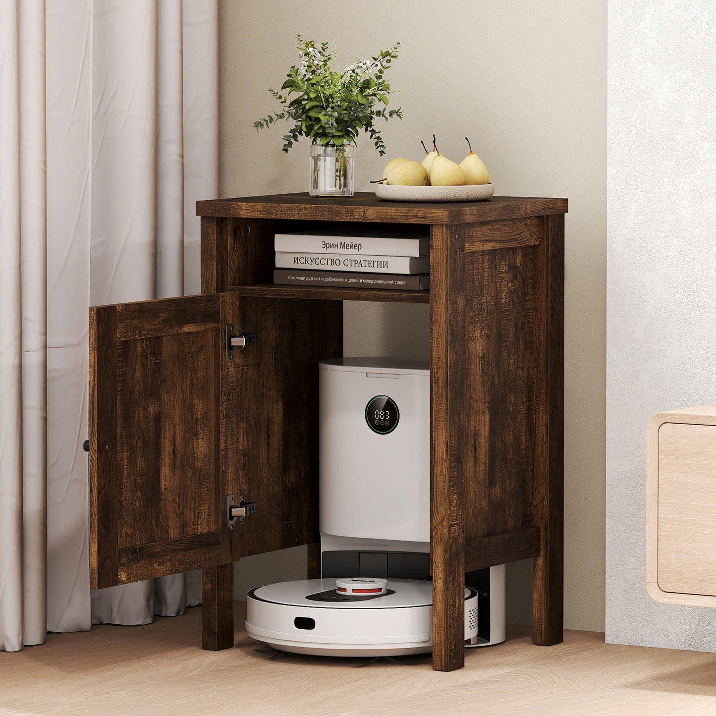 Robot Vacuum Storage Cabinet with Door and Open Shelf for Living Room Bedroom-Brown