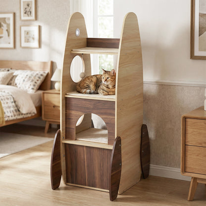 Rocket Cat Tree 47 Inch Large Wooden Cat Tower for Indoor Cats-Natural