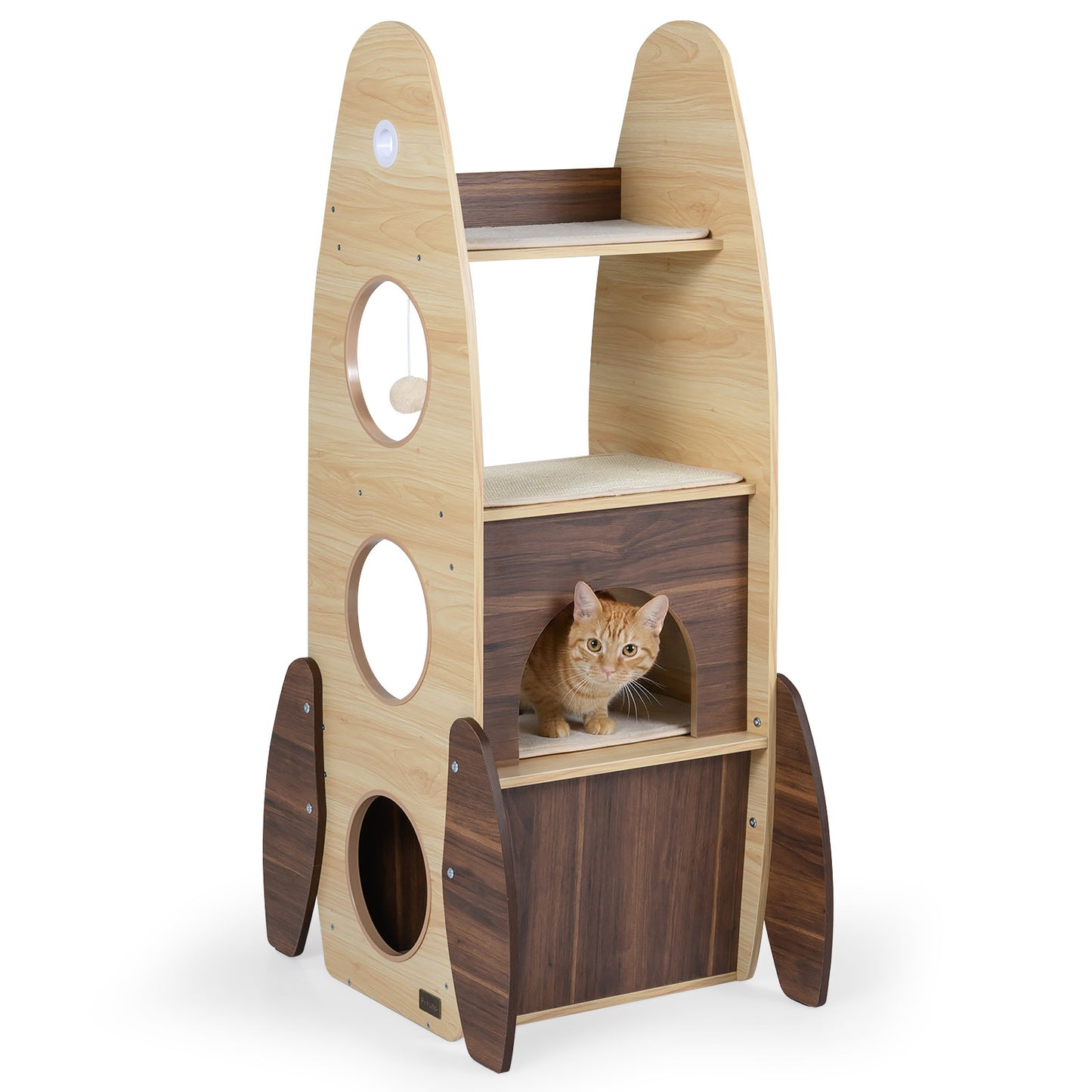 Rocket Cat Tree 47 Inch Large Wooden Cat Tower for Indoor Cats-Natural