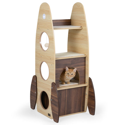 Rocket Cat Tree 47 Inch Large Wooden Cat Tower for Indoor Cats-Natural