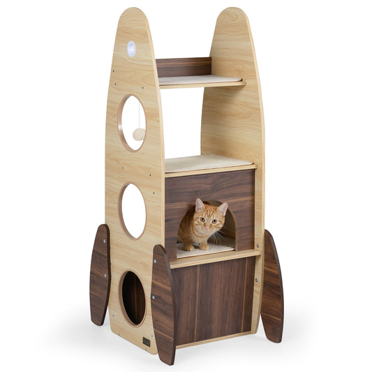 Large natural wooden Rocket Cat Tree for indoor cats, 47 inches tall with multiple platforms and scratching posts for feline fun.