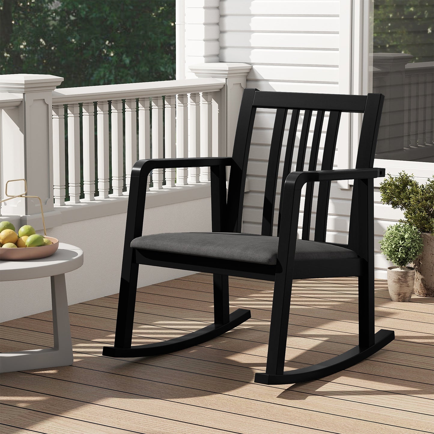 Rocking Chair with Slatted Back and Curved Armrests-Black