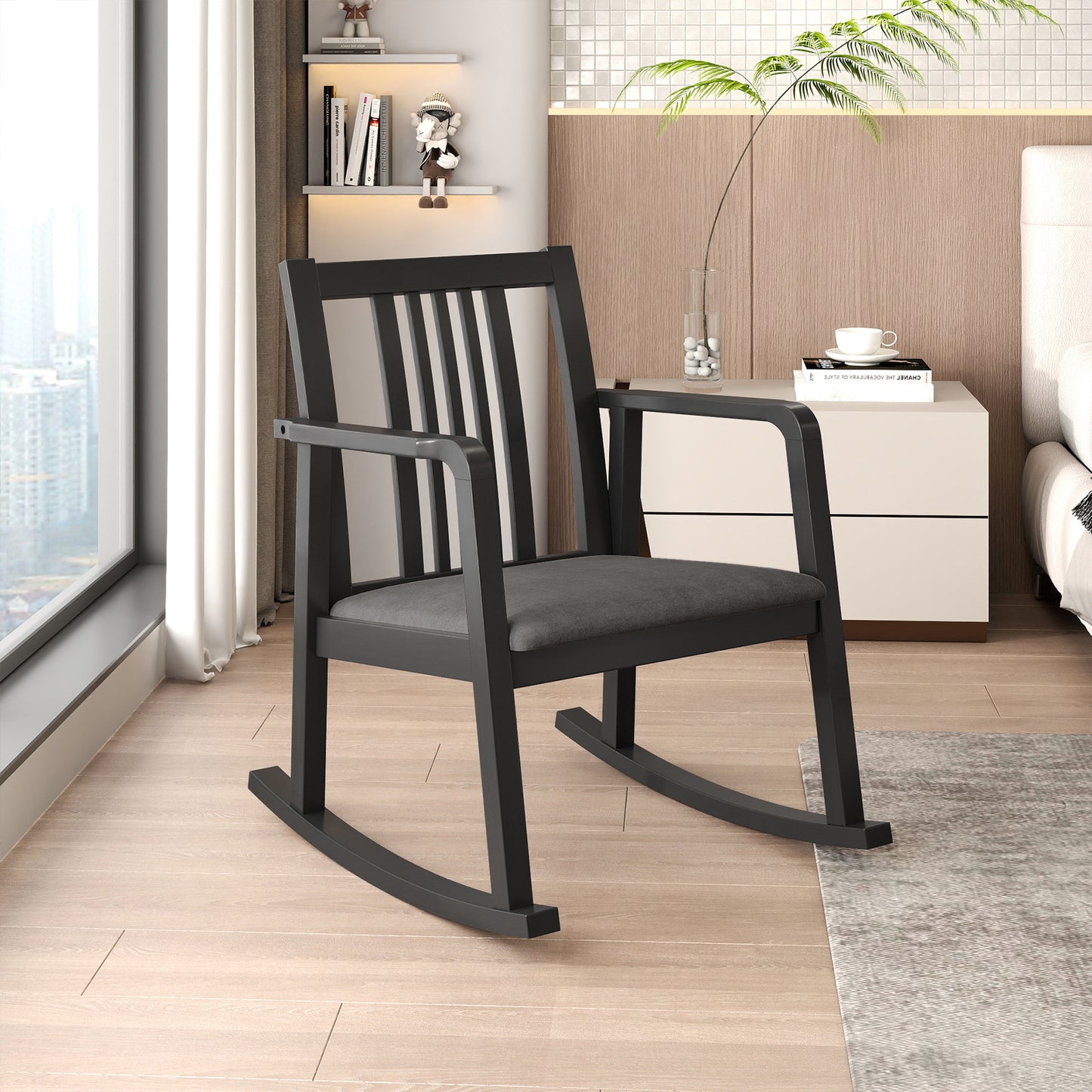 Rocking Chair with Slatted Back and Curved Armrests-Black