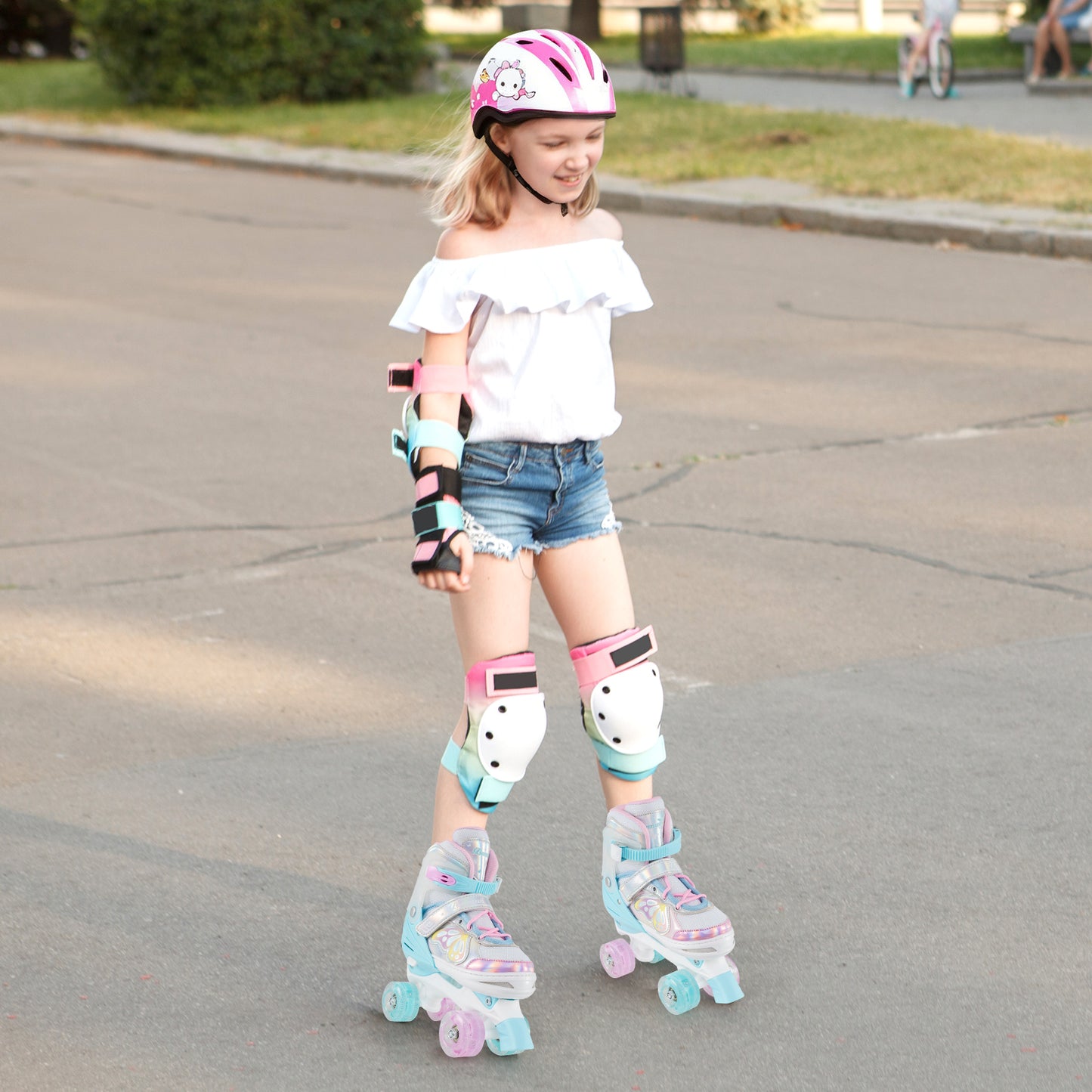 Roller Skates for Teens 4 Sizes Adjustable with Light-up Wheels for Boys Girls Ages 13+-Blue