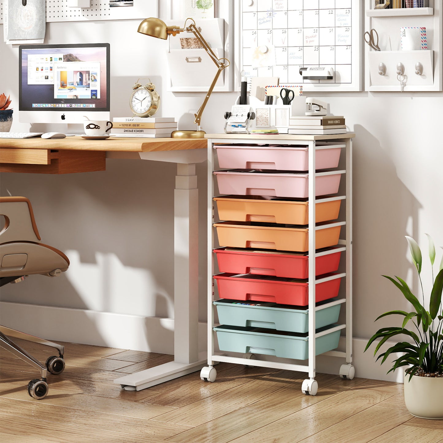 Rolling Cart with 8 Drawers and Wooden Tabletop with Lockable Wheels for Home Office-Green Gradient + Natural