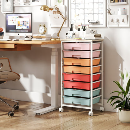 Rolling Cart with 8 Drawers and Wooden Tabletop with Lockable Wheels for Home Office-Green Gradient + Natural