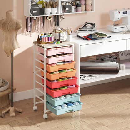 Rolling Cart with 8 Drawers and Wooden Tabletop with Lockable Wheels for Home Office-Green Gradient + Natural