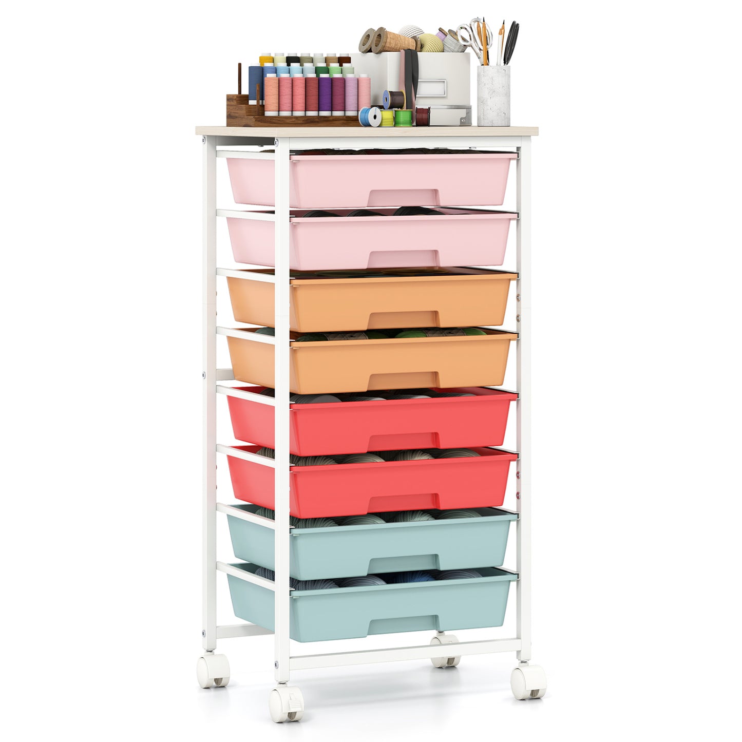 Rolling Cart with 8 Drawers and Wooden Tabletop with Lockable Wheels for Home Office-Green Gradient + Natural