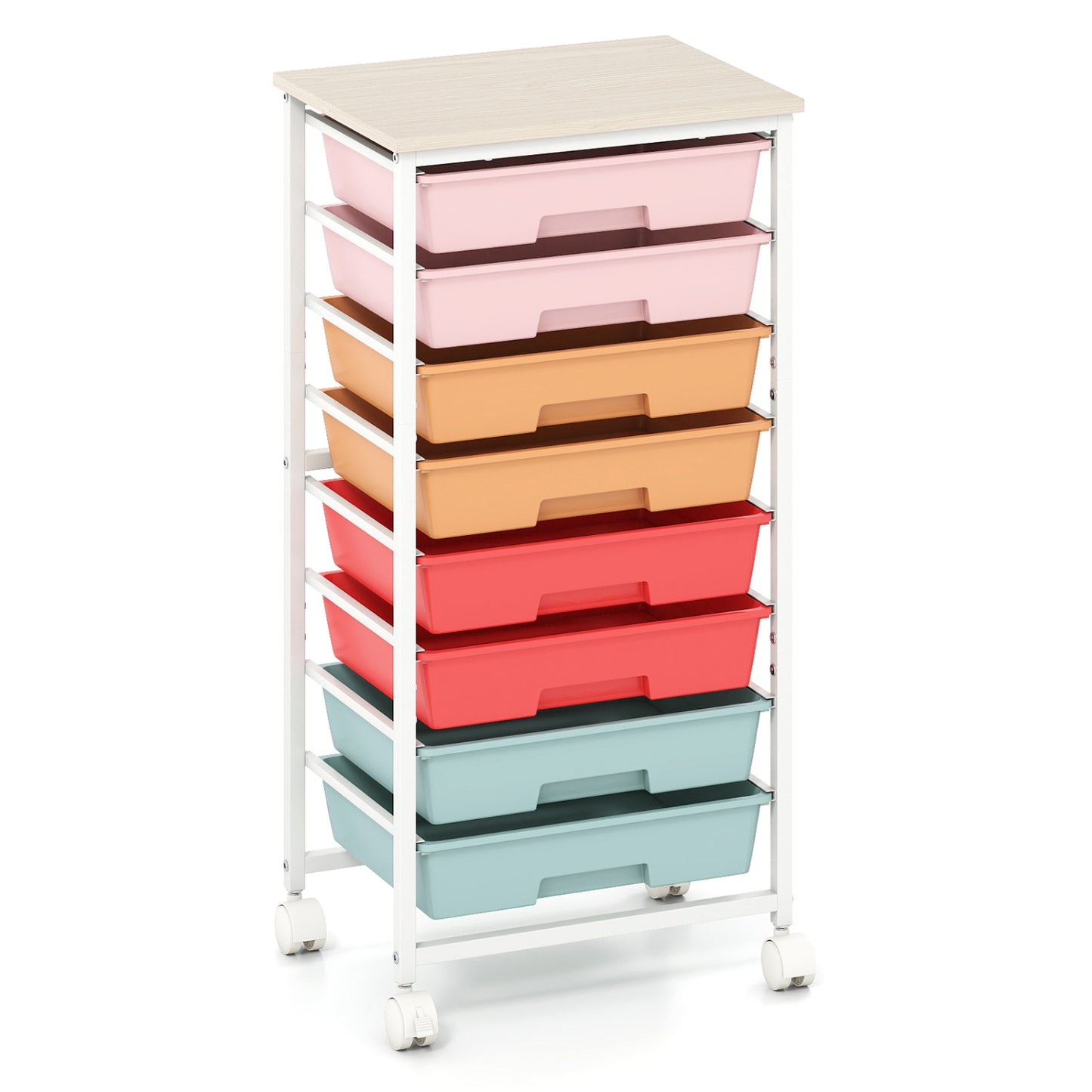 Rolling Cart with 8 Drawers and Wooden Tabletop with Lockable Wheels for Home Office-Green Gradient + Natural