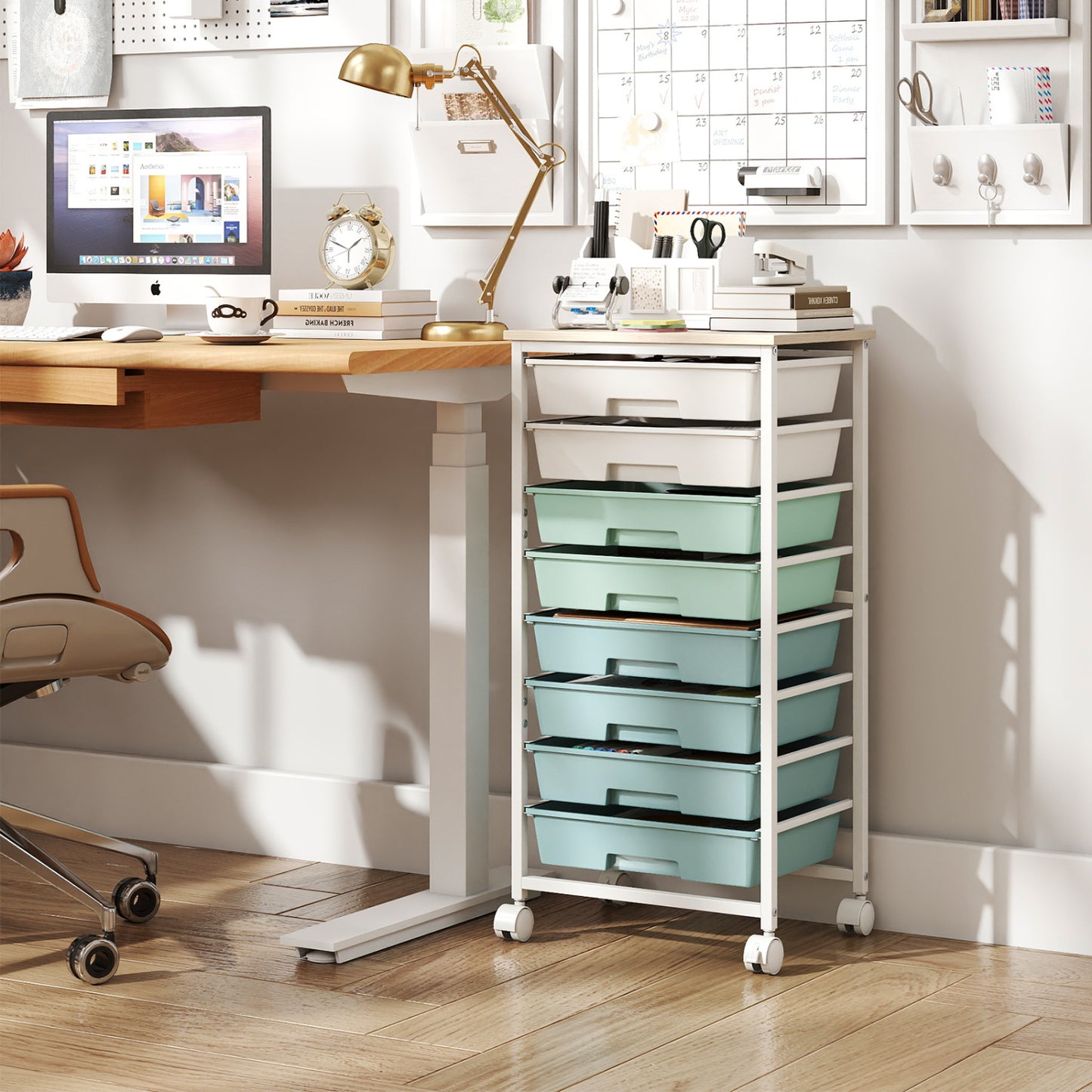 Rolling Cart with 8 Drawers and Wooden Tabletop with Lockable Wheels for Home Office-Green Gradient + Natural