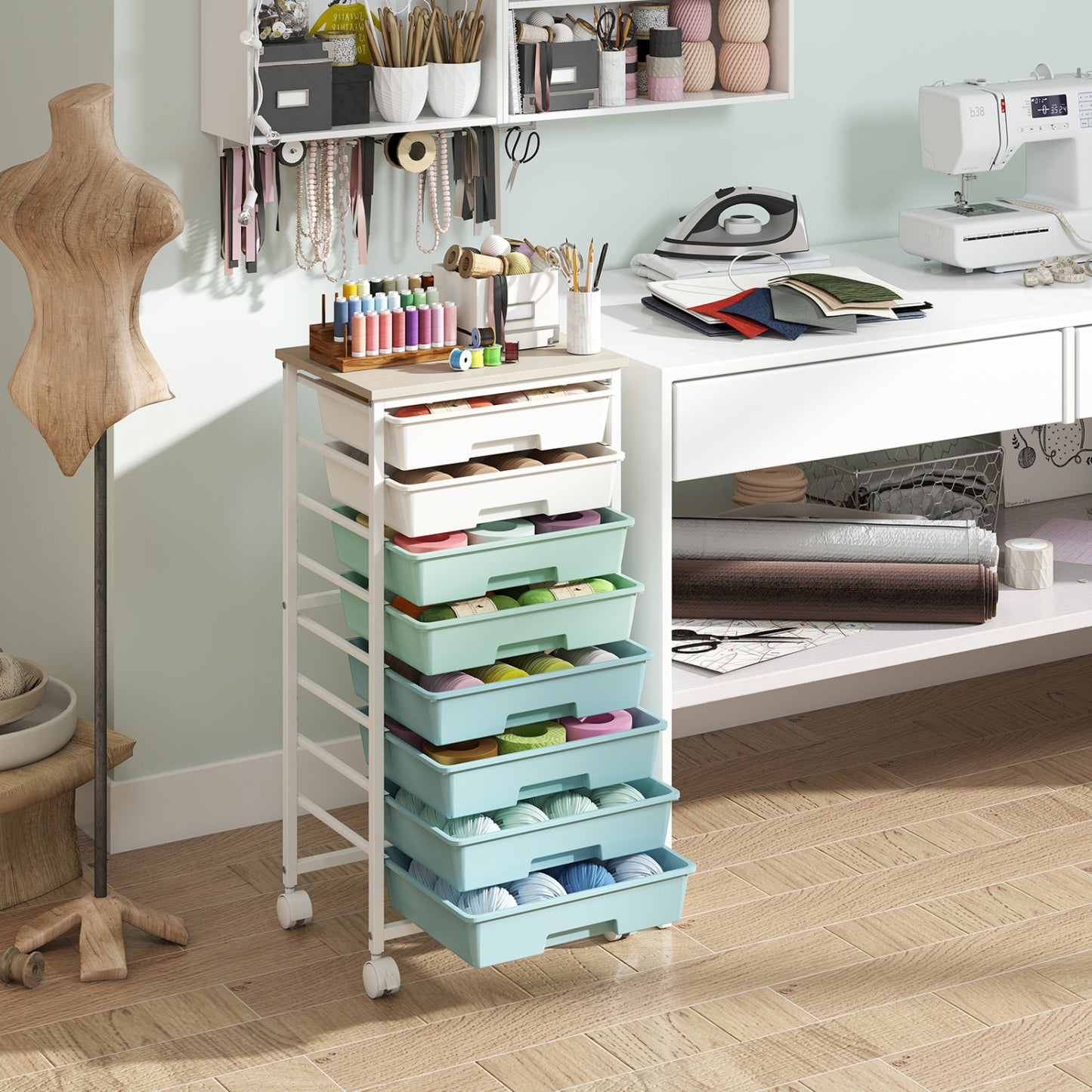 Rolling Cart with 8 Drawers and Wooden Tabletop with Lockable Wheels for Home Office-Green Gradient + Natural