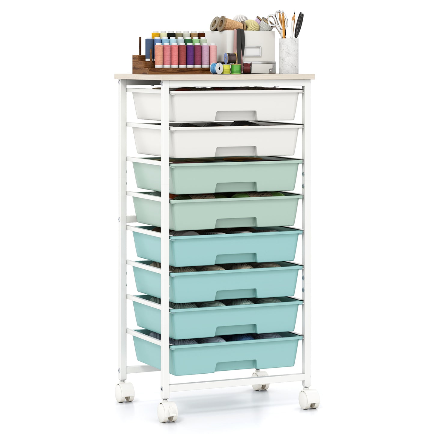 Rolling Cart with 8 Drawers and Wooden Tabletop with Lockable Wheels for Home Office-Green Gradient + Natural