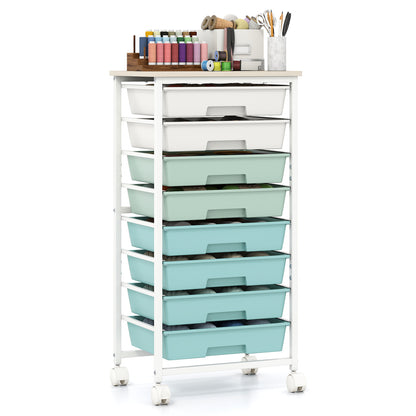 Rolling Cart with 8 Drawers and Wooden Tabletop with Lockable Wheels for Home Office-Green Gradient + Natural