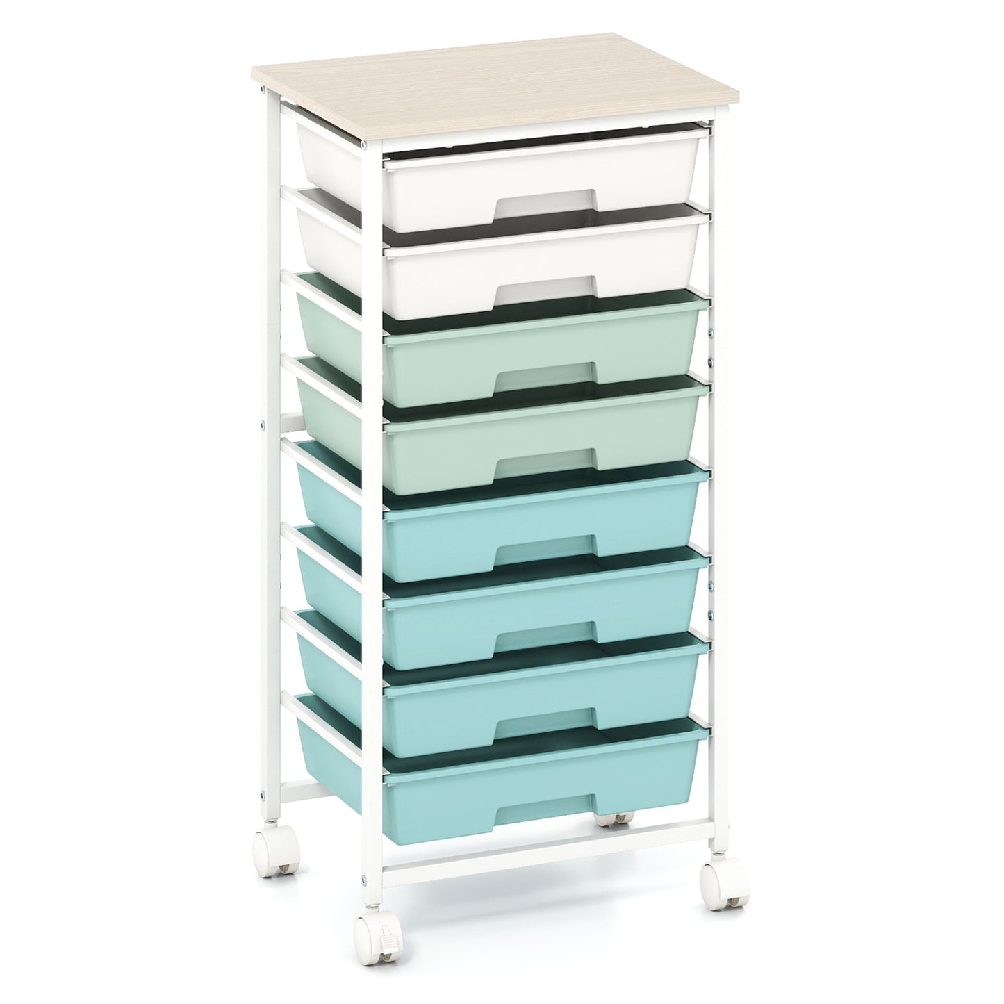 Rolling Cart with 8 Drawers and Wooden Tabletop with Lockable Wheels for Home Office-Green Gradient + Natural