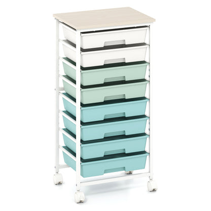 Rolling Cart with 8 Drawers and Wooden Tabletop with Lockable Wheels for Home Office-Green Gradient + Natural