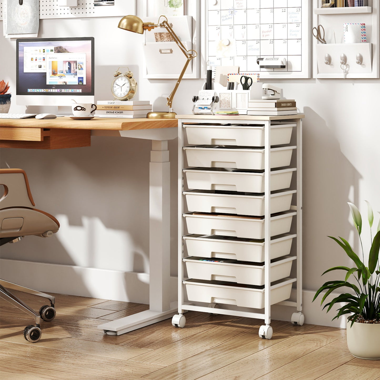 Rolling Cart with 8 Drawers and Wooden Tabletop with Lockable Wheels for Home Office-Green Gradient + Natural