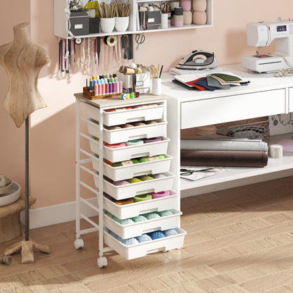 Rolling Cart with 8 Drawers and Wooden Tabletop with Lockable Wheels for Home Office-Green Gradient + Natural