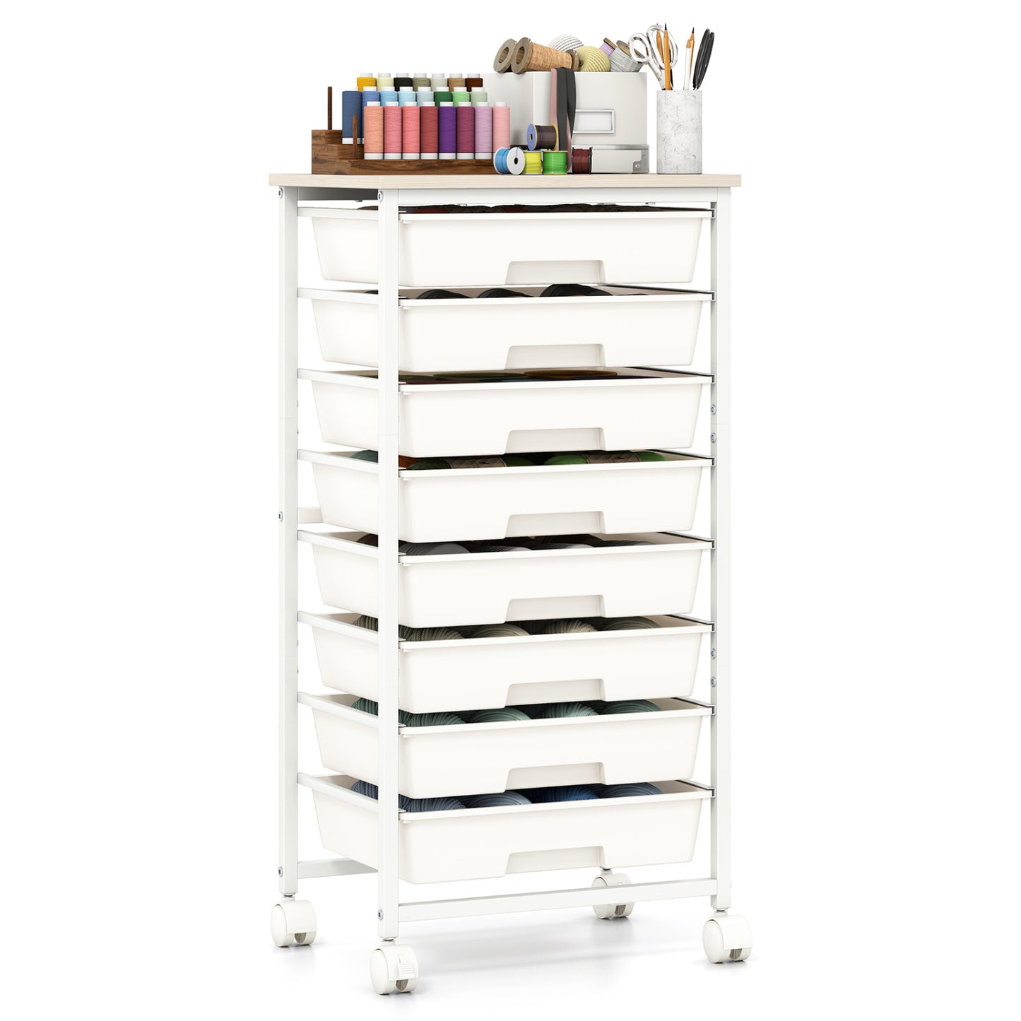 Rolling Cart with 8 Drawers and Wooden Tabletop with Lockable Wheels for Home Office-Green Gradient + Natural