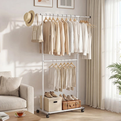Rolling Clothes Rack Double-Rod Extendable Garment Stand for Hanging Clothes