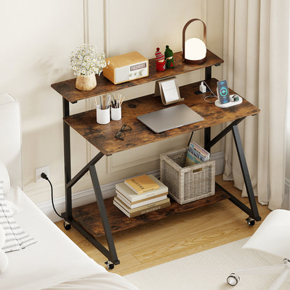 Rolling Computer Desk with Charging Station and Monitor Shelf Storage for Home Office-Black