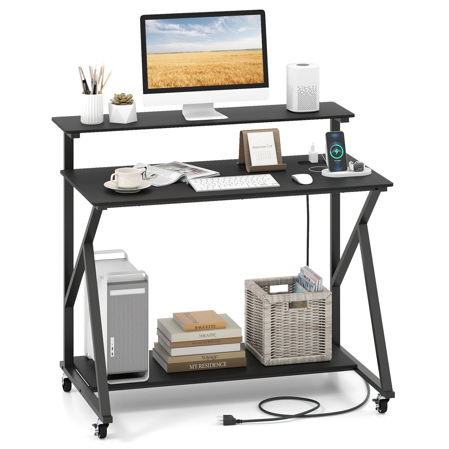 Rolling Computer Desk with Charging Station and Monitor Shelf Storage for Home Office-Black