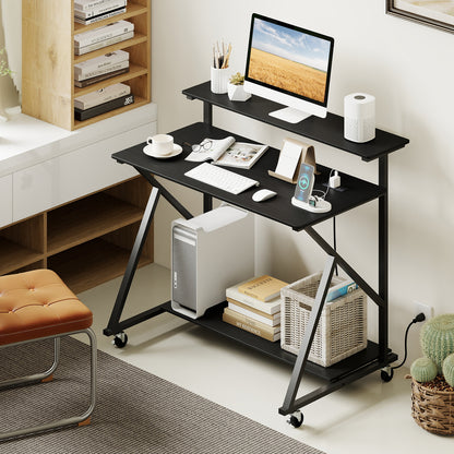 Rolling Computer Desk with Charging Station and Monitor Shelf Storage for Home Office-Black