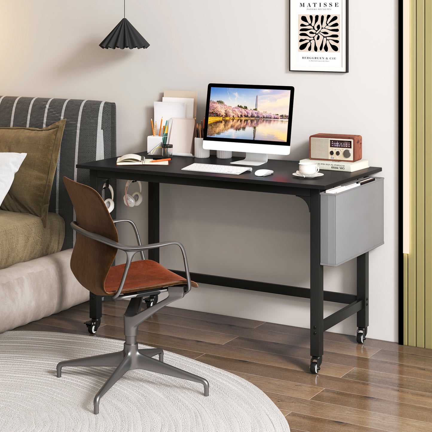 Rolling Computer Desk with Headphone Hooks and Lockable Wheels for Home Office-Black
