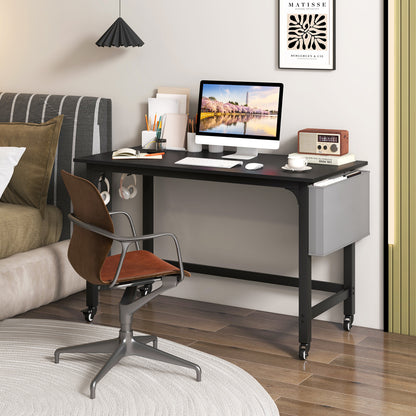 Rolling Computer Desk with Headphone Hooks and Lockable Wheels for Home Office-Black