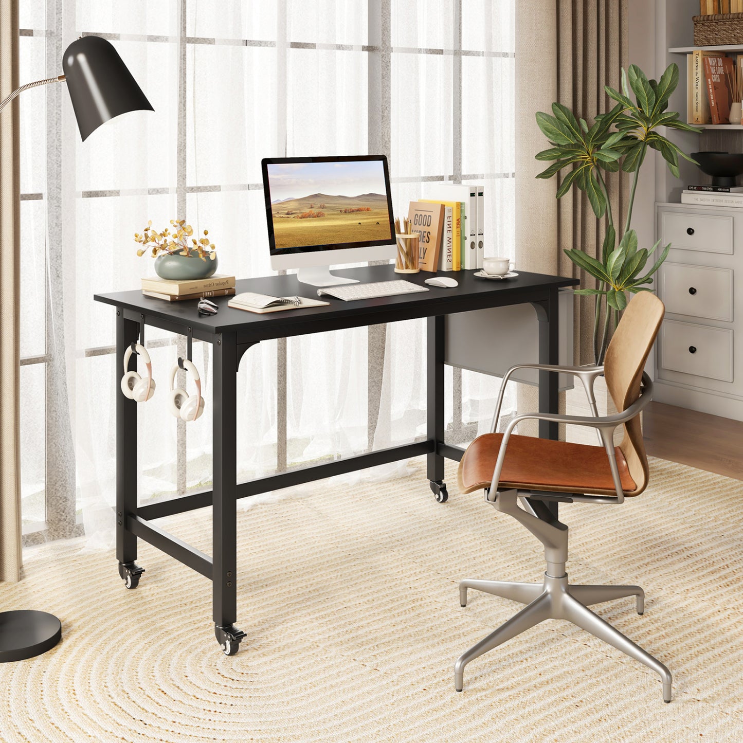 Rolling Computer Desk with Headphone Hooks and Lockable Wheels for Home Office-Black