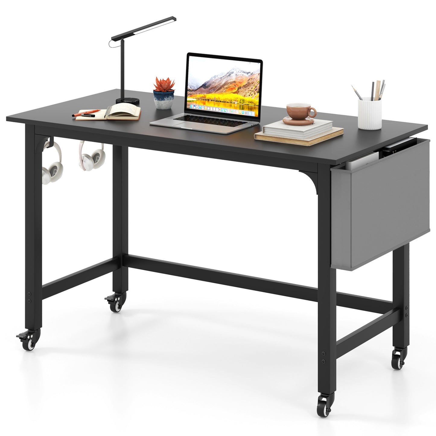 Rolling Computer Desk with Headphone Hooks and Lockable Wheels for Home Office-Black