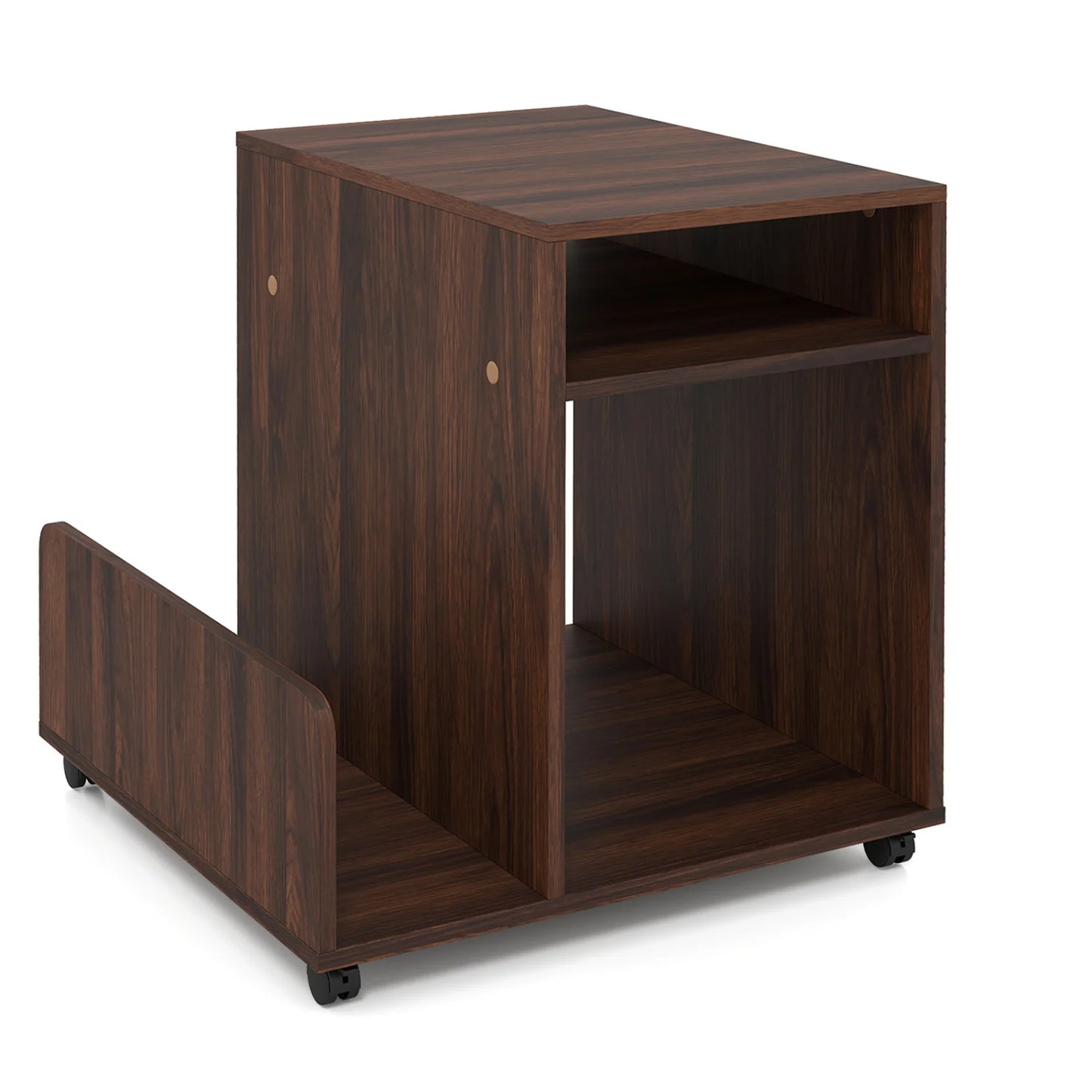 Brown 3-tier rolling end table with side storage rack, modern small nightstand for living room use.
