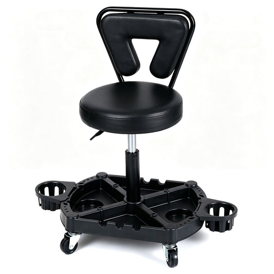 Black rolling garage mechanic stool with padded seat, tool tray storage, suitable for outdoor garages, supports up to 330 lbs.